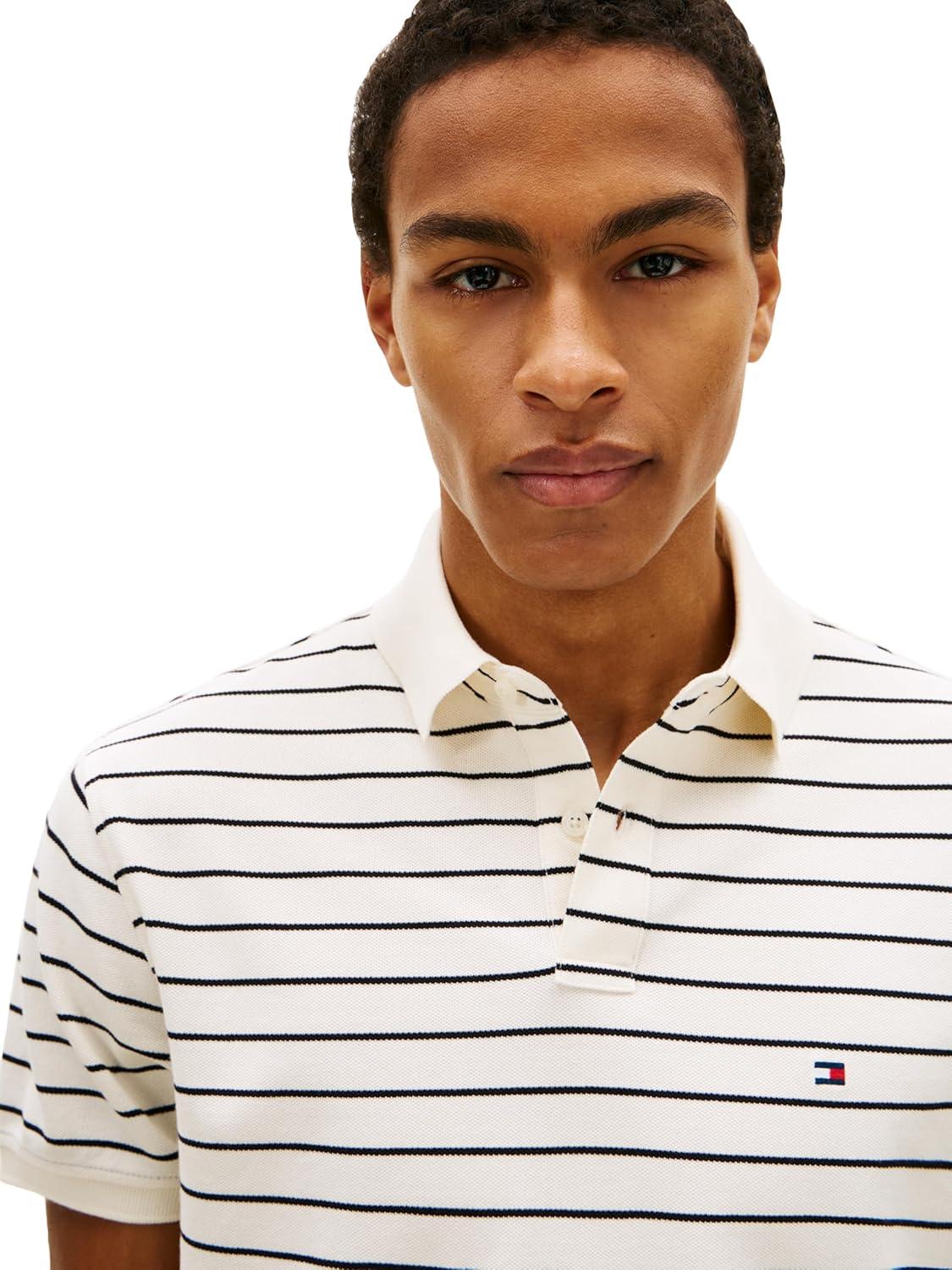 imageTommy Hilfiger Mens Short Sleeve Polo Shirts in Classic Fit with Stretch and Organic Pique CottonIvory Petal Black