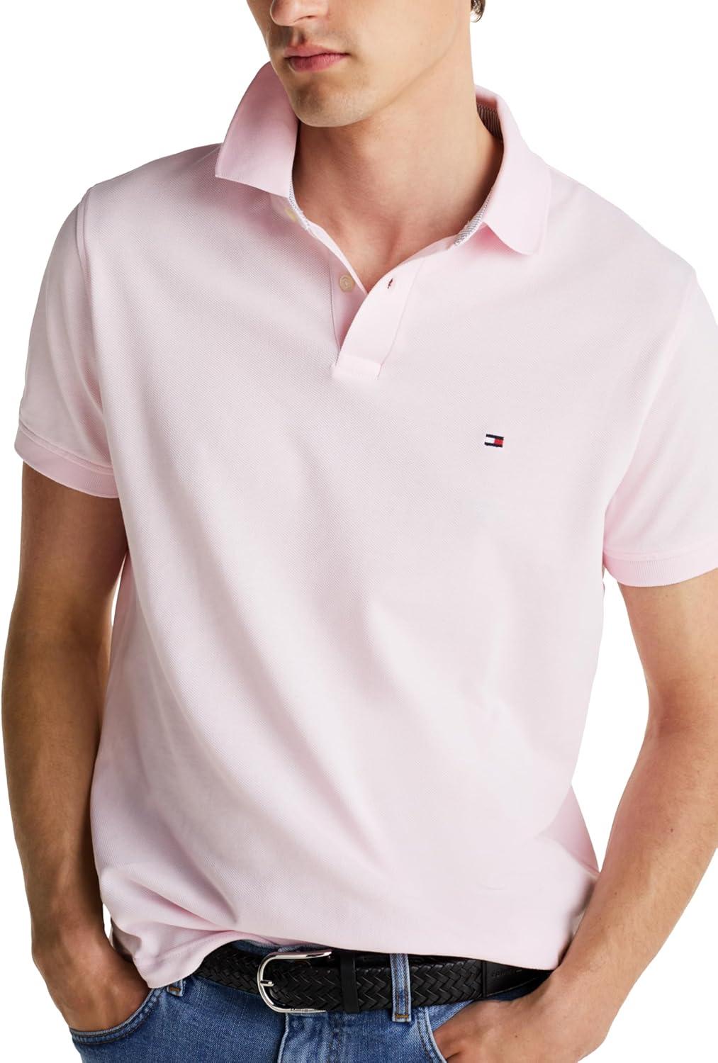 imageTommy Hilfiger Mens Short Sleeve Polo Shirts in Classic Fit with Stretch and Organic Pique CottonLight Pink