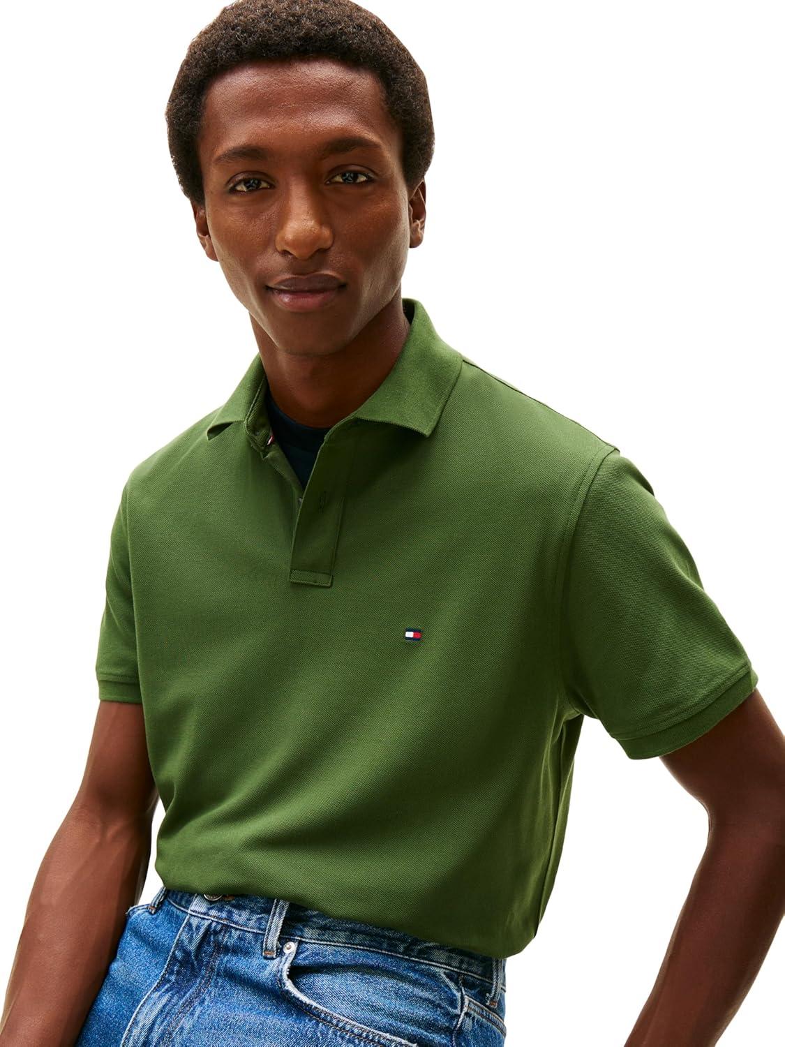 imageTommy Hilfiger Mens Short Sleeve Polo Shirts in Classic Fit with Stretch and Organic Pique CottonMountain Pine