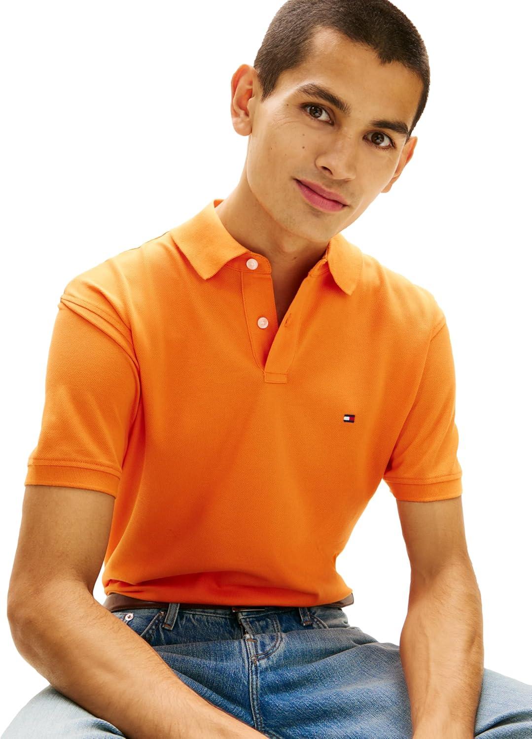 imageTommy Hilfiger Mens Short Sleeve Polo Shirts in Classic Fit with Stretch and Organic Pique CottonOrange Tulip