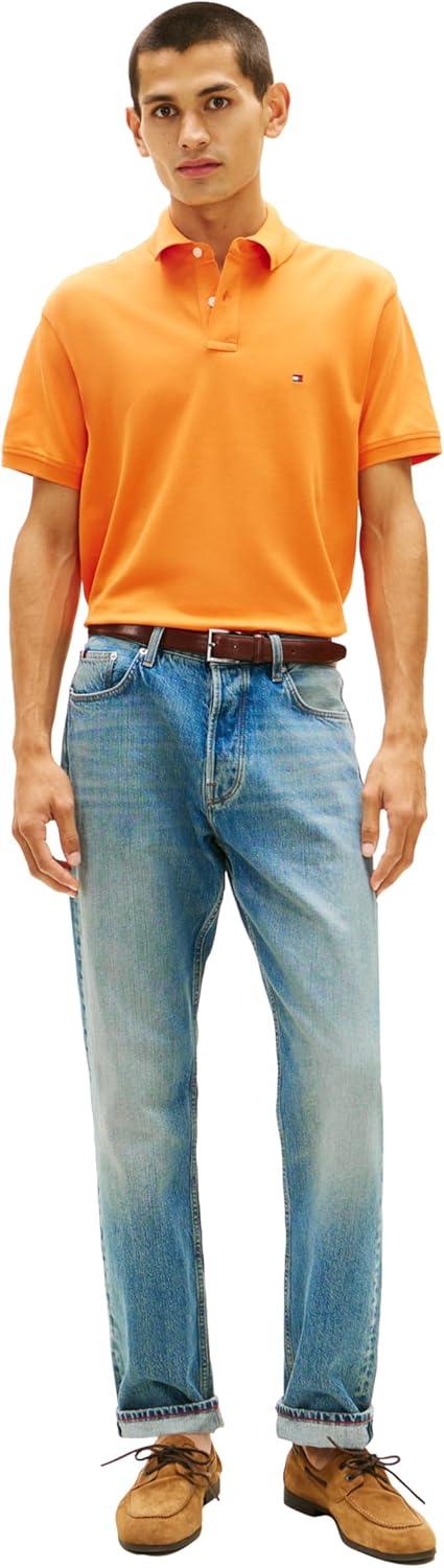 imageTommy Hilfiger Mens Short Sleeve Polo Shirts in Classic Fit with Stretch and Organic Pique CottonOrange Tulip
