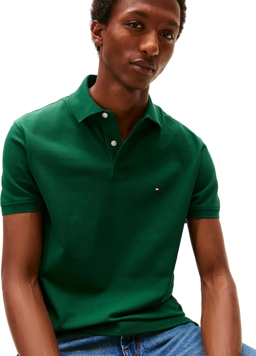 imageTommy Hilfiger Mens Short Sleeve Polo Shirts in Classic Fit with Stretch and Organic Pique CottonOrnamental Green