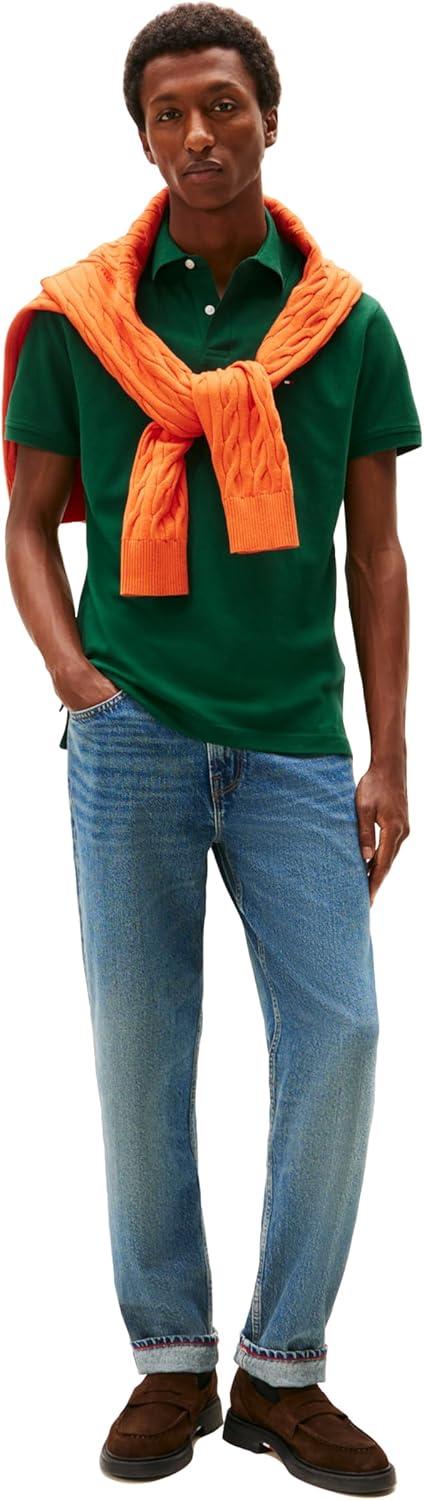 imageTommy Hilfiger Mens Short Sleeve Polo Shirts in Classic Fit with Stretch and Organic Pique CottonOrnamental Green