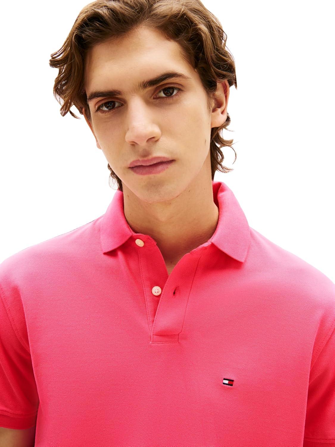 imageTommy Hilfiger Mens Short Sleeve Polo Shirts in Classic Fit with Stretch and Organic Pique CottonPink Alert