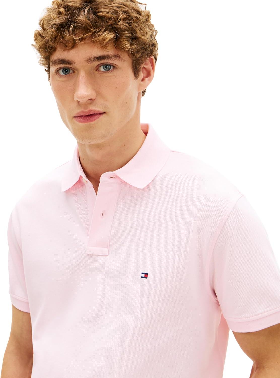 imageTommy Hilfiger Mens Short Sleeve Polo Shirts in Classic Fit with Stretch and Organic Pique CottonPink Lily