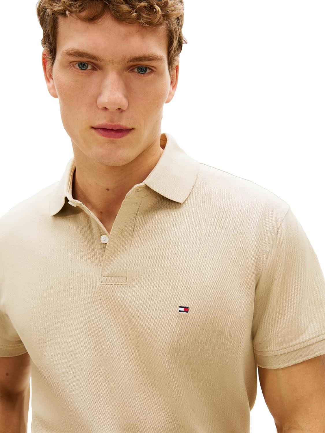 imageTommy Hilfiger Mens Short Sleeve Polo Shirts in Classic Fit with Stretch and Organic Pique CottonSandalwood