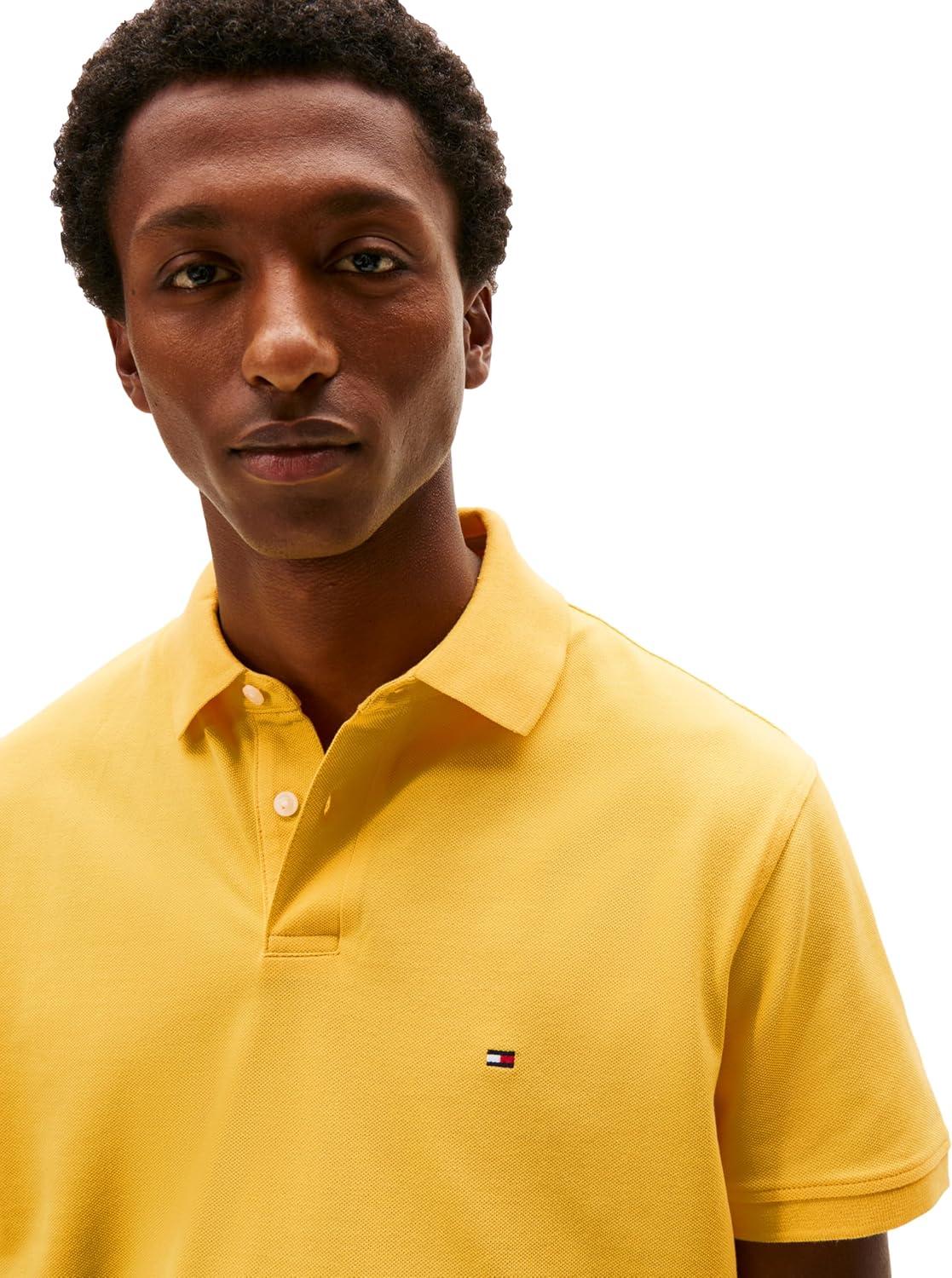 imageTommy Hilfiger Mens Short Sleeve Polo Shirts in Classic Fit with Stretch and Organic Pique CottonSoft Canary