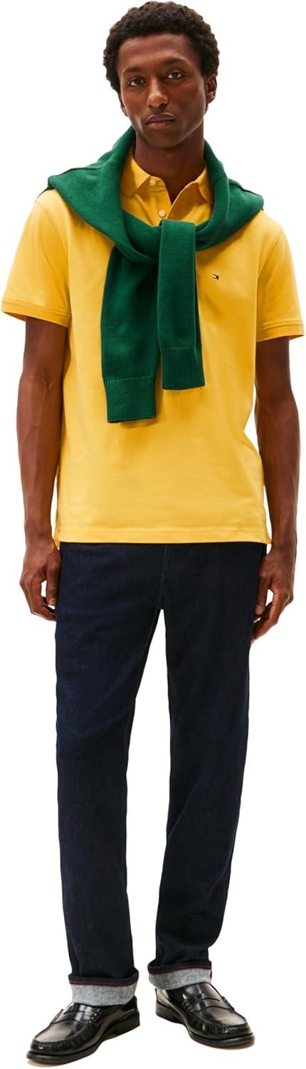 imageTommy Hilfiger Mens Short Sleeve Polo Shirts in Classic Fit with Stretch and Organic Pique CottonSoft Canary