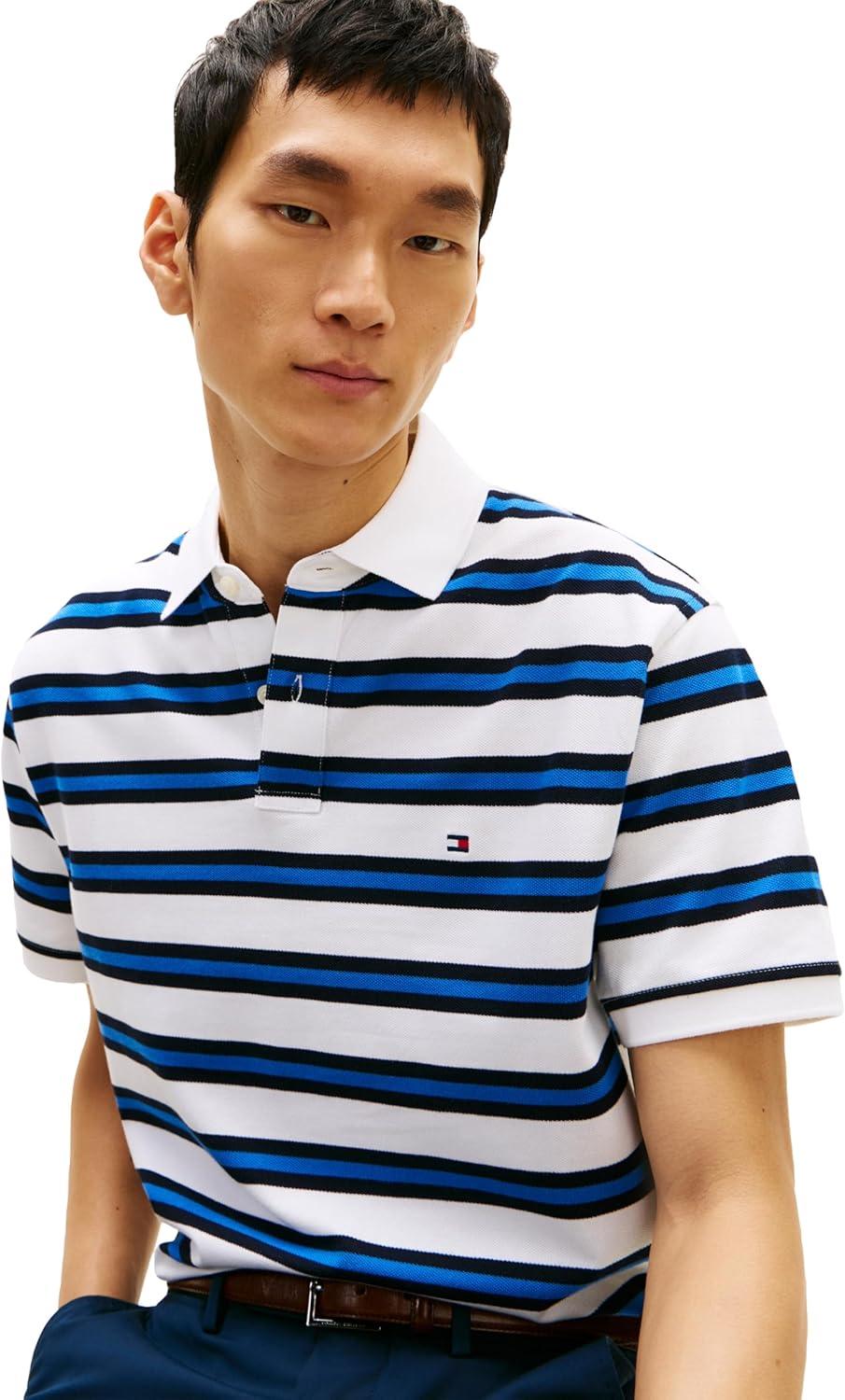 imageTommy Hilfiger Mens Short Sleeve Polo Shirts in Classic Fit with Stretch and Organic Pique CottonWhite Desert Sky Multi