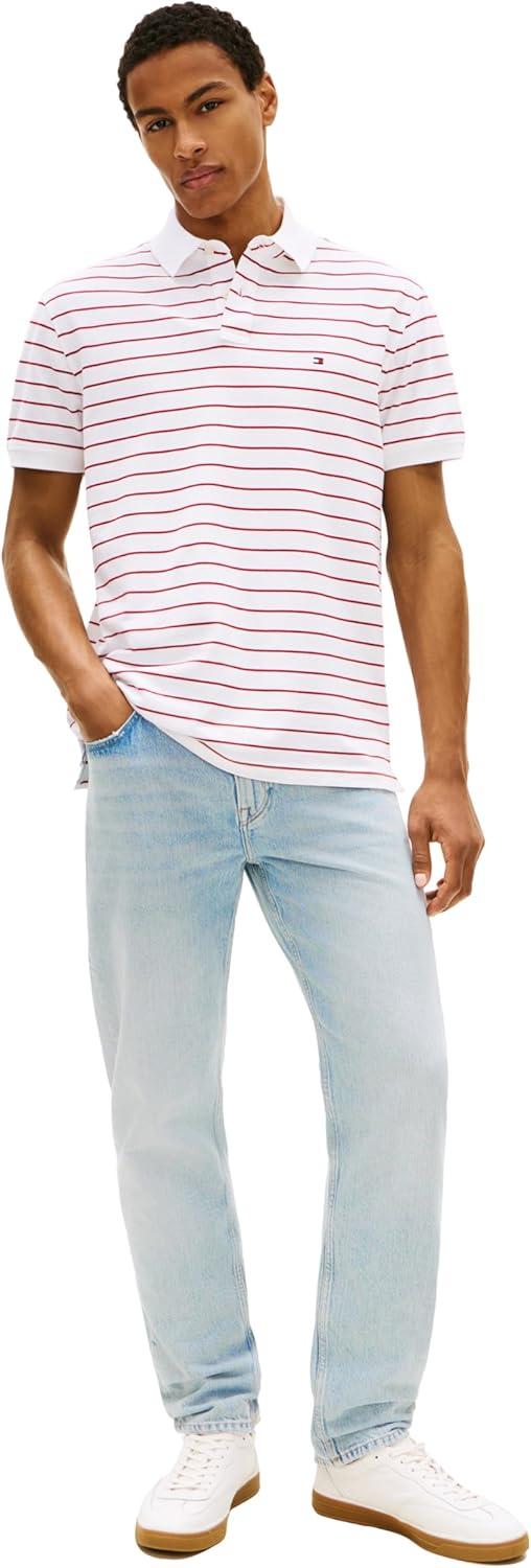 imageTommy Hilfiger Mens Short Sleeve Polo Shirts in Classic Fit with Stretch and Organic Pique CottonWhite Medium Red