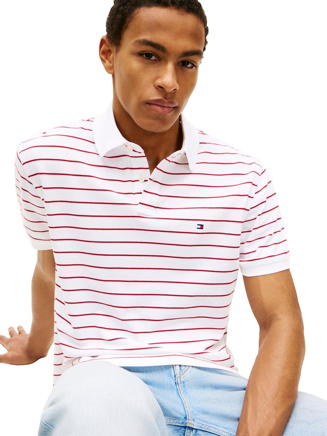 imageTommy Hilfiger Mens Short Sleeve Polo Shirts in Classic Fit with Stretch and Organic Pique CottonWhite Medium Red