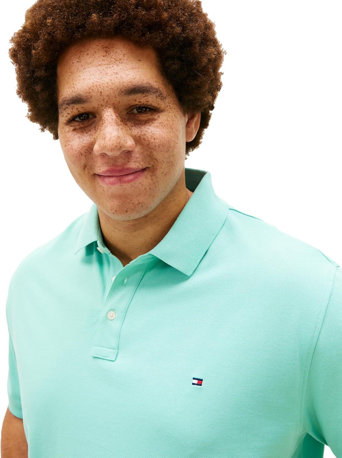 imageTommy Hilfiger Mens Short Sleeve Polo Shirts in Regular Fit with Stretch and Organic Pique CottonArctic Aqua