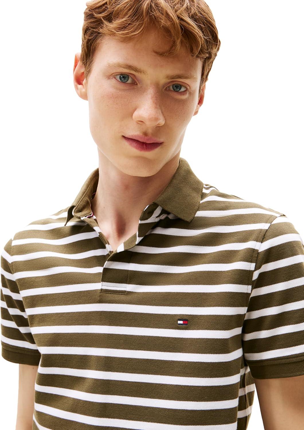 imageTommy Hilfiger Mens Short Sleeve Polo Shirts in Regular Fit with Stretch and Organic Pique CottonArmy Green White