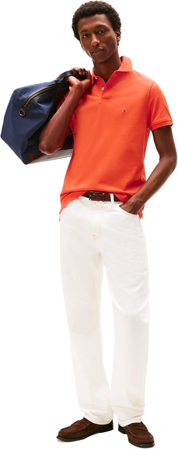 imageTommy Hilfiger Mens Short Sleeve Polo Shirts in Regular Fit with Stretch and Organic Pique CottonBrilliant Orange