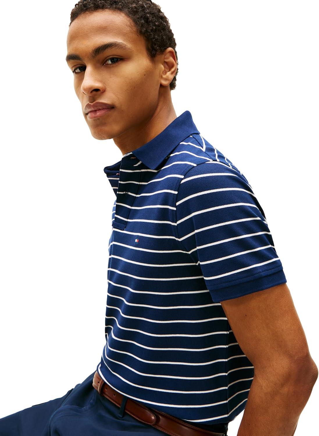 imageTommy Hilfiger Mens Short Sleeve Polo Shirts in Regular Fit with Stretch and Organic Pique CottonCarbon Navy Ivory Petal