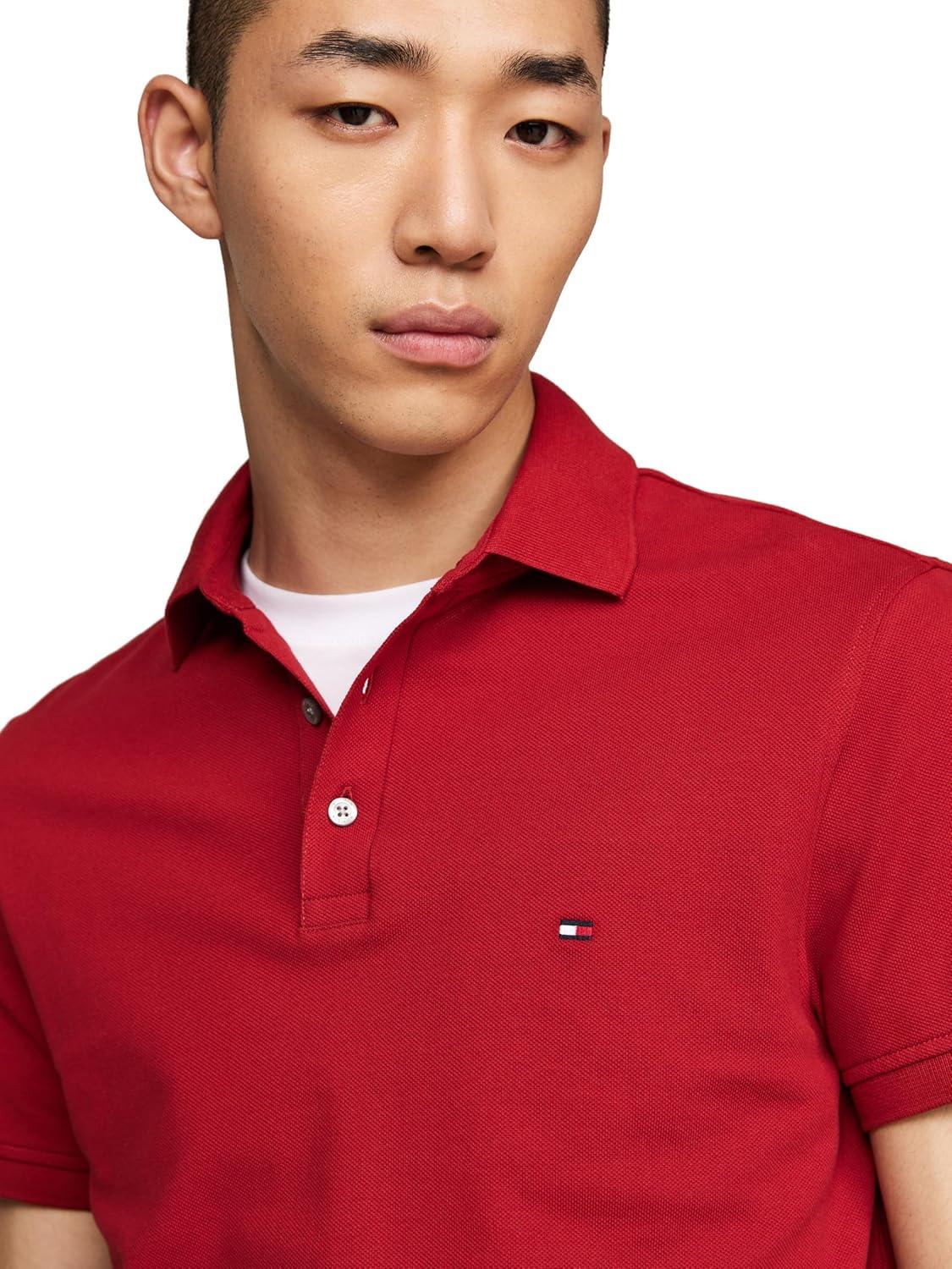imageTommy Hilfiger Mens Short Sleeve Polo Shirts in Regular Fit with Stretch and Organic Pique CottonDark Magma