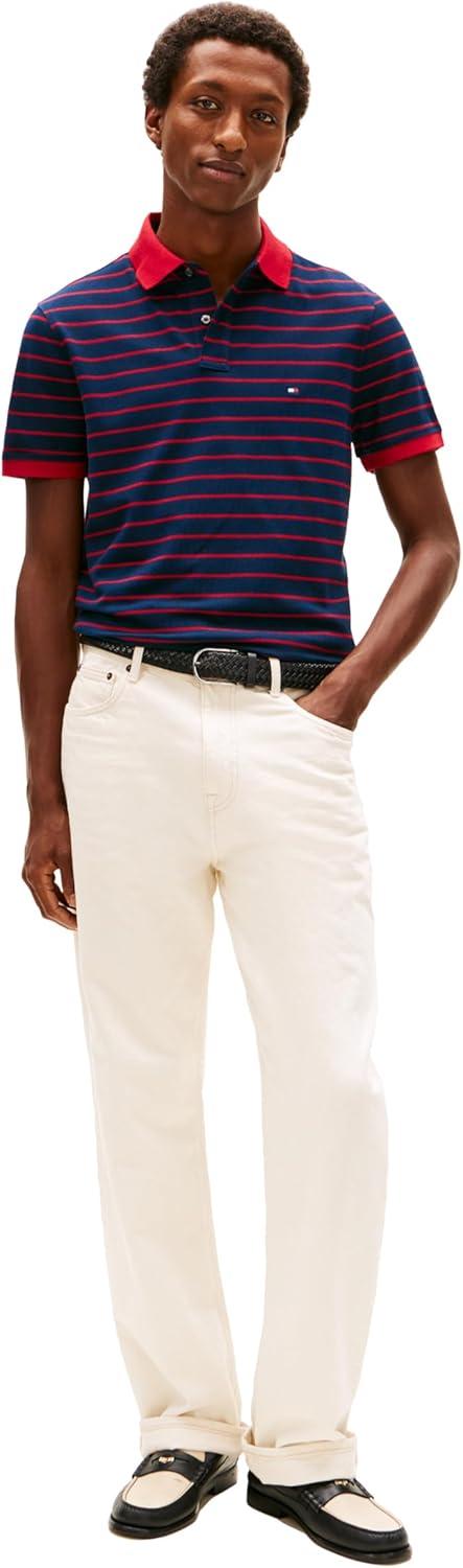 imageTommy Hilfiger Mens Short Sleeve Polo Shirts in Regular Fit with Stretch and Organic Pique CottonDark Night Navy Medium Red