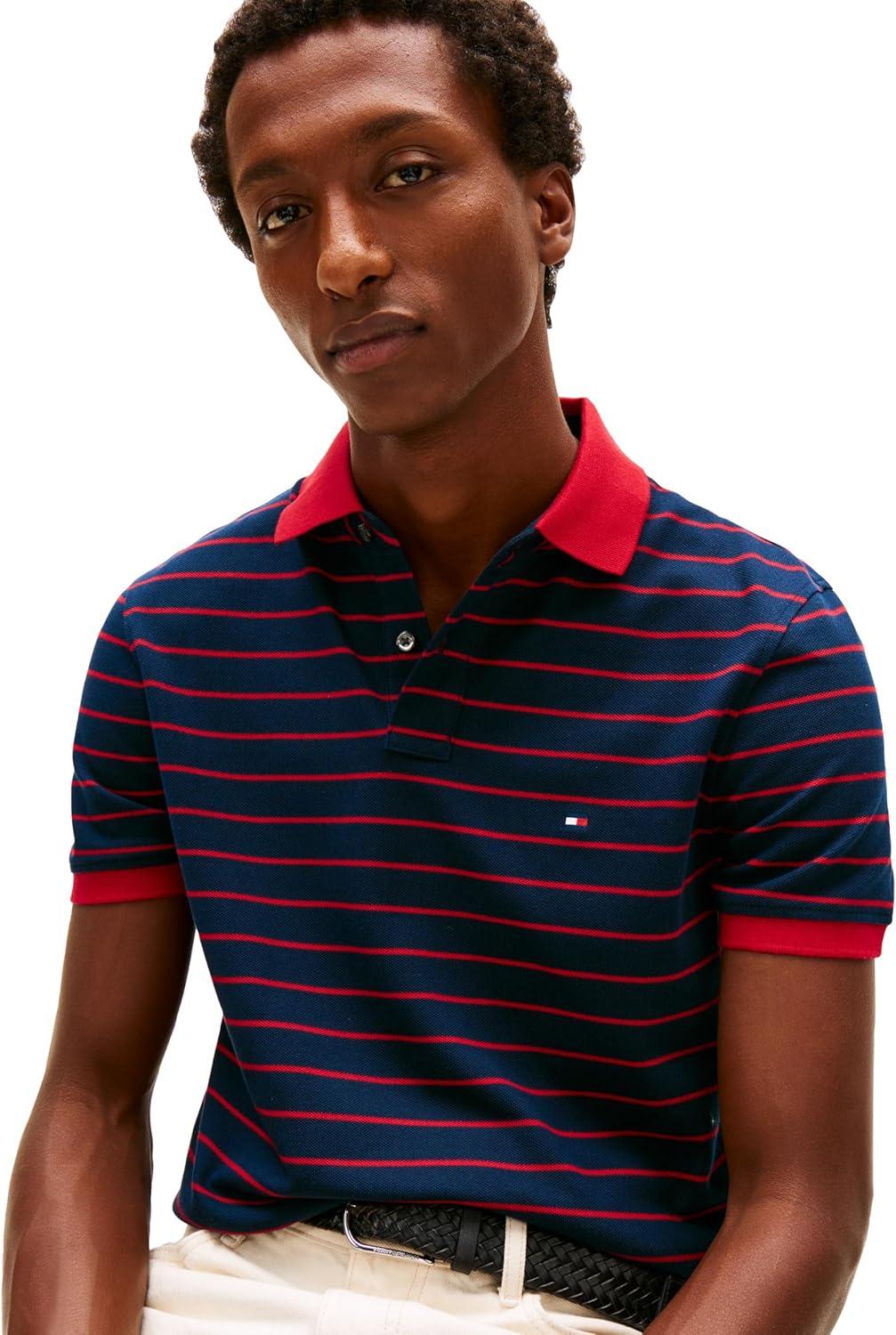 imageTommy Hilfiger Mens Short Sleeve Polo Shirts in Regular Fit with Stretch and Organic Pique CottonDark Night Navy Medium Red