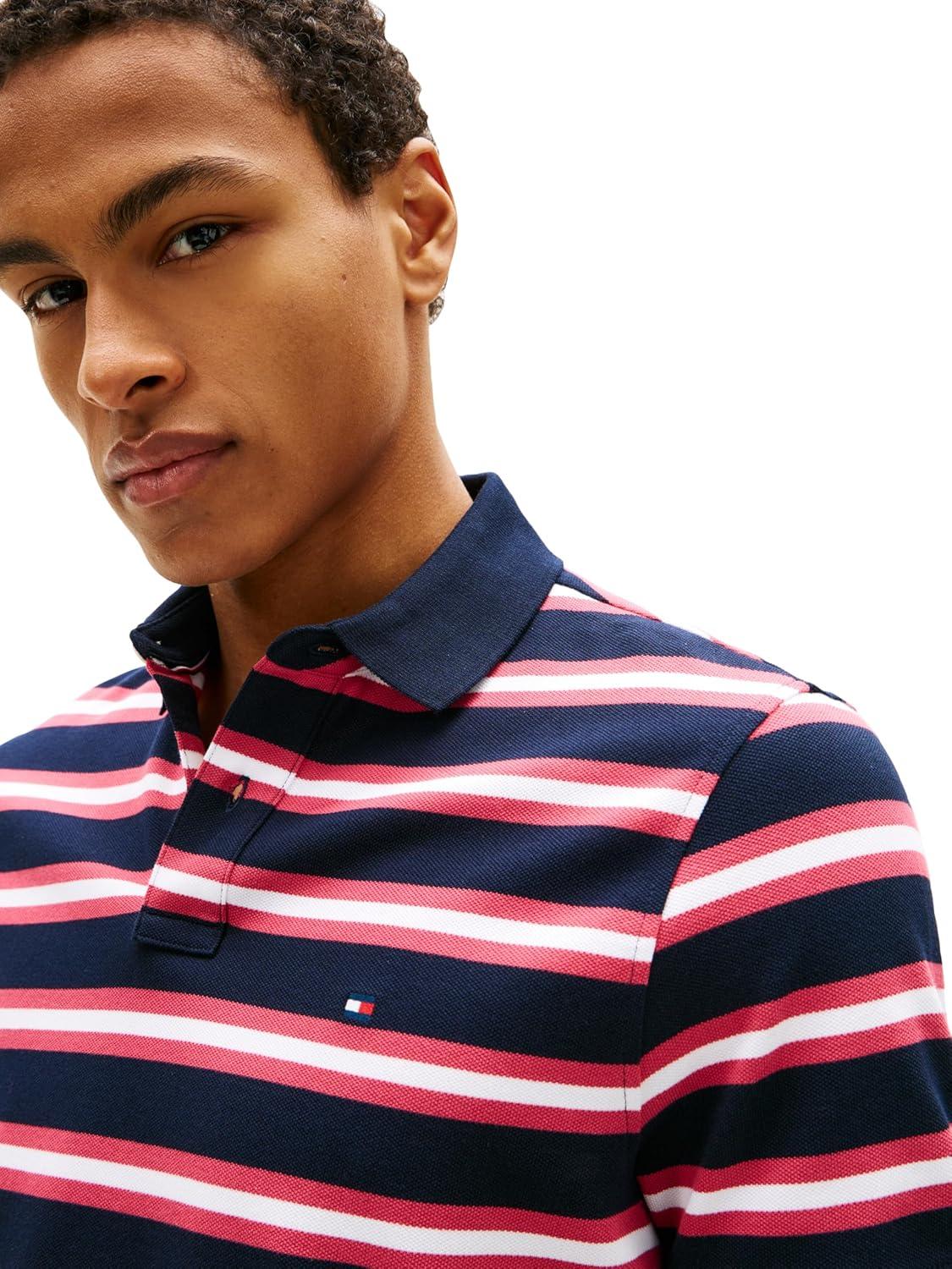 imageTommy Hilfiger Mens Short Sleeve Polo Shirts in Regular Fit with Stretch and Organic Pique CottonDesert Sky Heritage Pink Multi