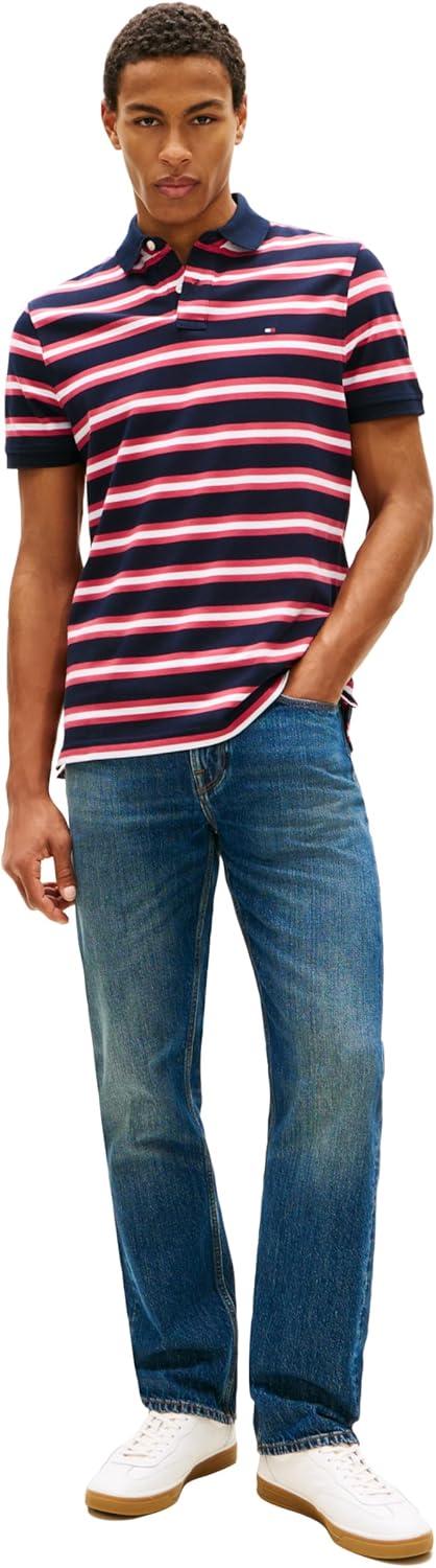 imageTommy Hilfiger Mens Short Sleeve Polo Shirts in Regular Fit with Stretch and Organic Pique CottonDesert Sky Heritage Pink Multi