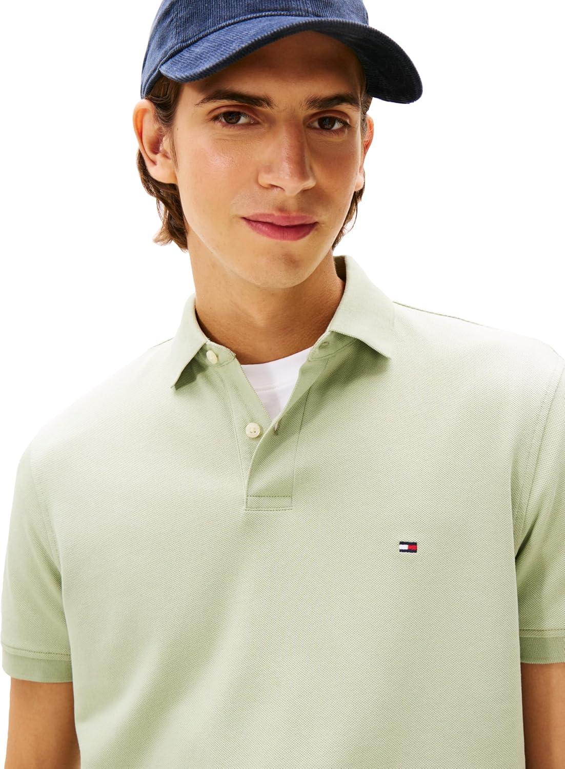 imageTommy Hilfiger Mens Short Sleeve Polo Shirts in Regular Fit with Stretch and Organic Pique CottonEarth Sage
