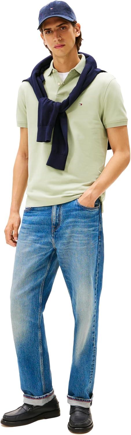 imageTommy Hilfiger Mens Short Sleeve Polo Shirts in Regular Fit with Stretch and Organic Pique CottonEarth Sage