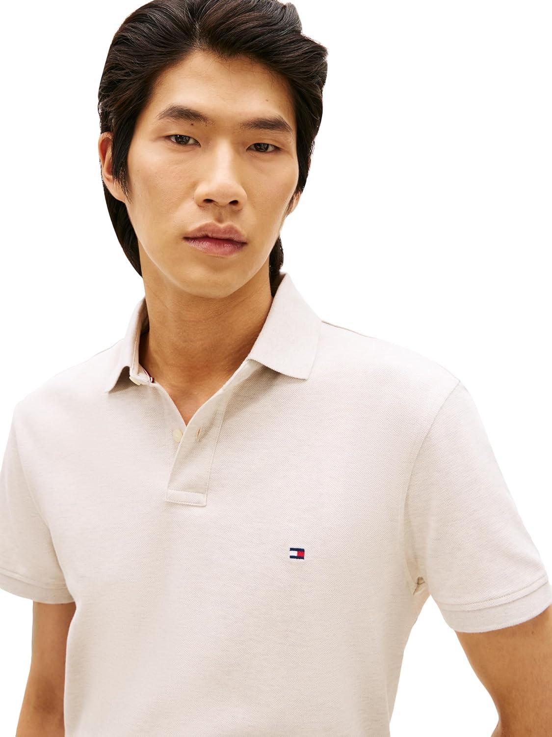 imageTommy Hilfiger Mens Short Sleeve Polo Shirts in Regular Fit with Stretch and Organic Pique CottonHeathered Oatmilk