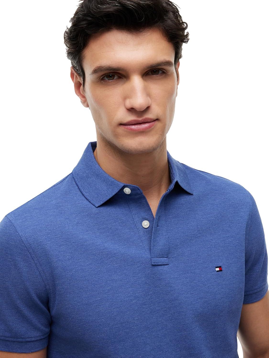 imageTommy Hilfiger Mens Short Sleeve Polo Shirts in Regular Fit with Stretch and Organic Pique CottonIndigo Heather