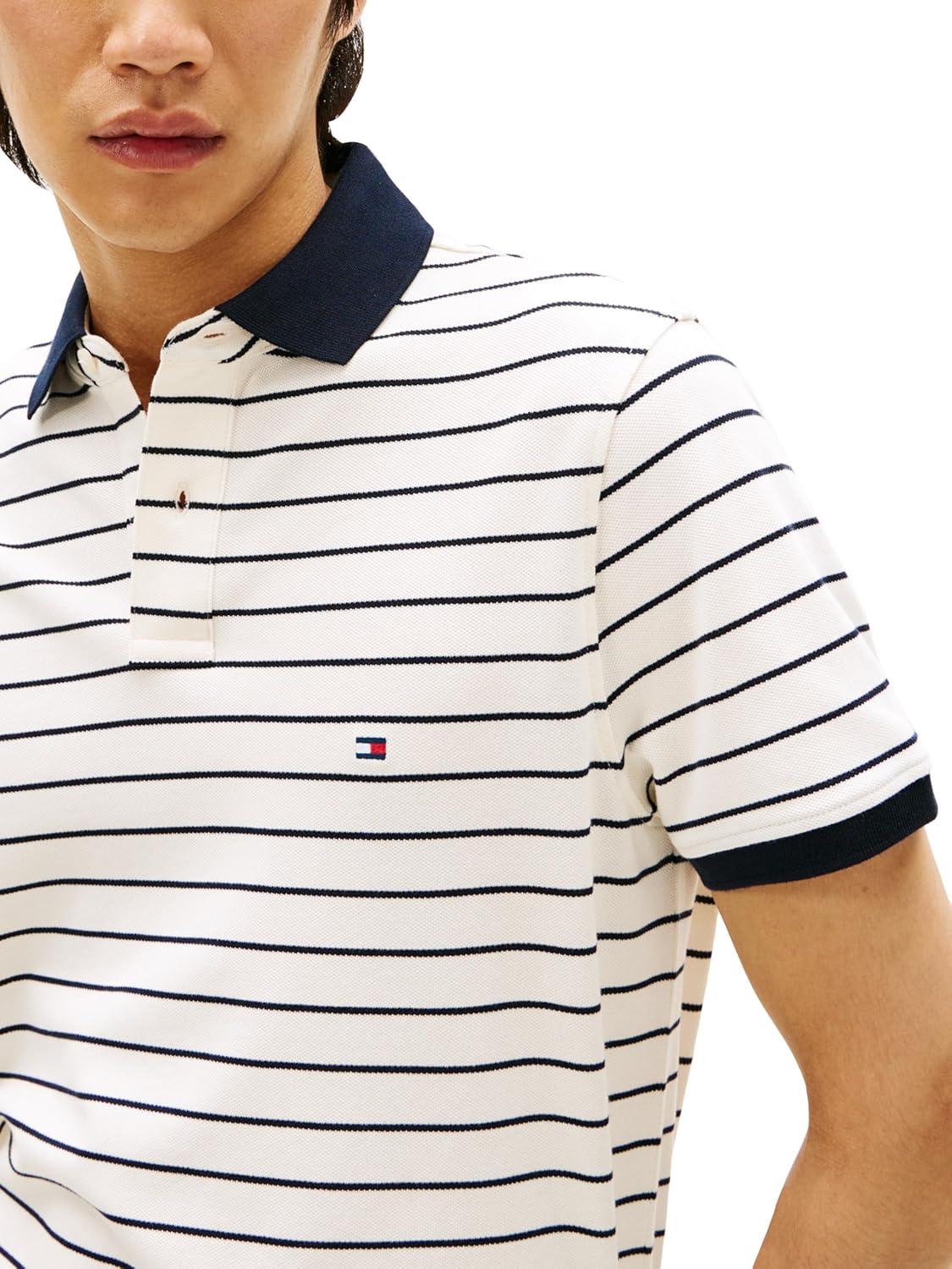 imageTommy Hilfiger Mens Short Sleeve Polo Shirts in Regular Fit with Stretch and Organic Pique CottonIvory Petal Desert Sky