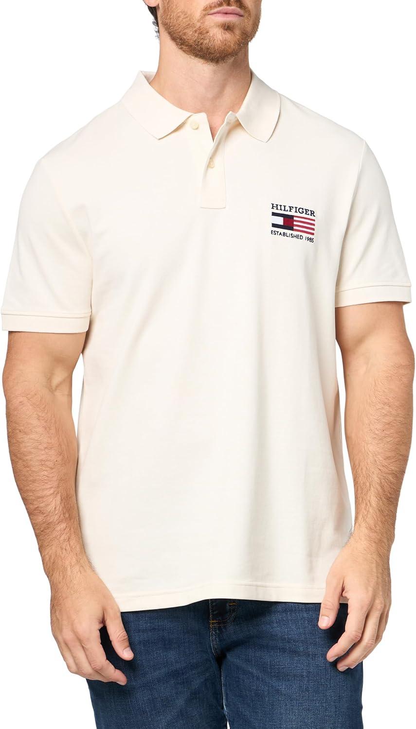 imageTommy Hilfiger Mens Short Sleeve Polo Shirts in Regular Fit with Stretch and Organic Pique CottonIvory Petal Flag Embroidered
