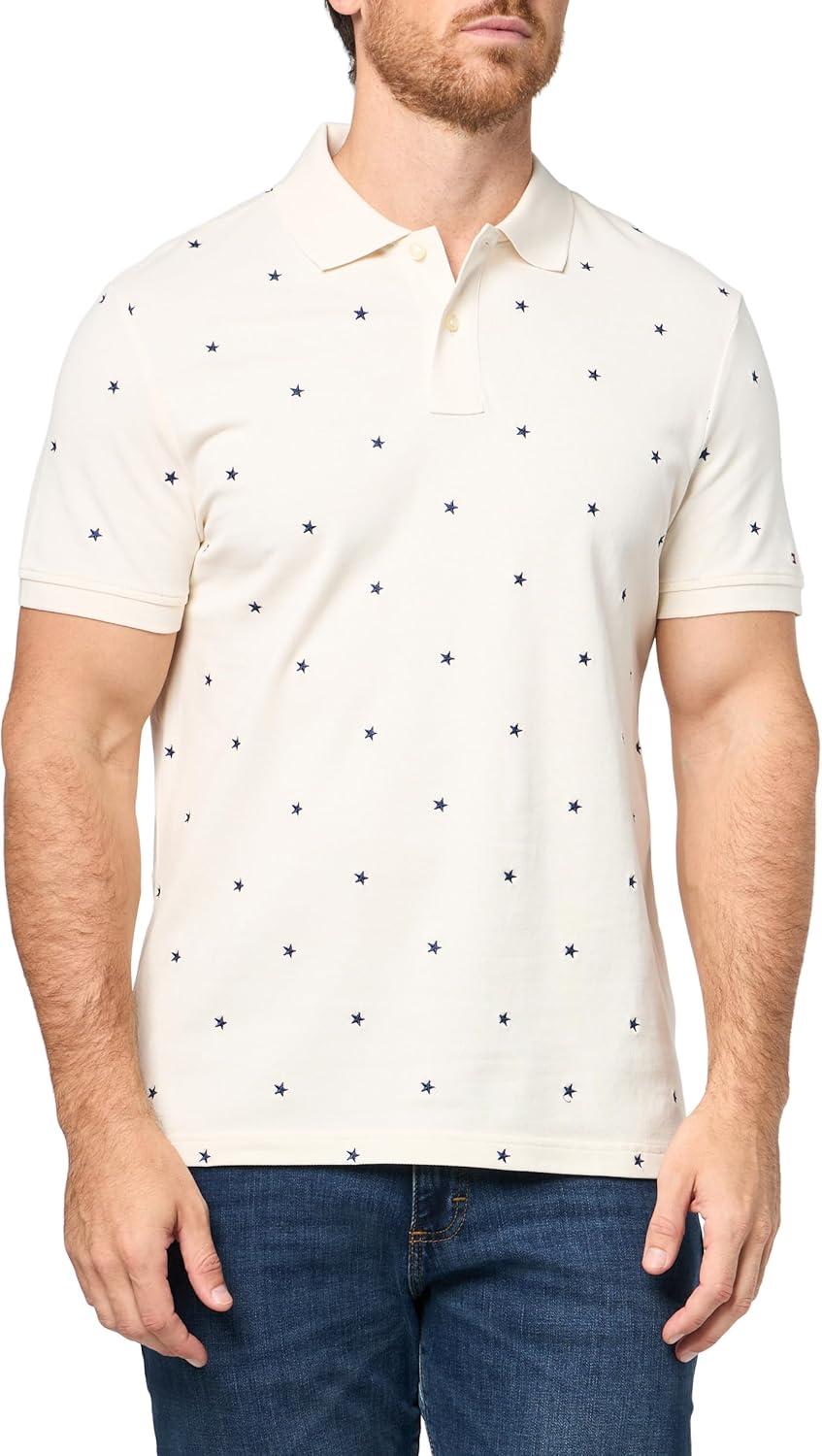 imageTommy Hilfiger Mens Short Sleeve Polo Shirts in Regular Fit with Stretch and Organic Pique CottonIvory Petal Star Embroidered
