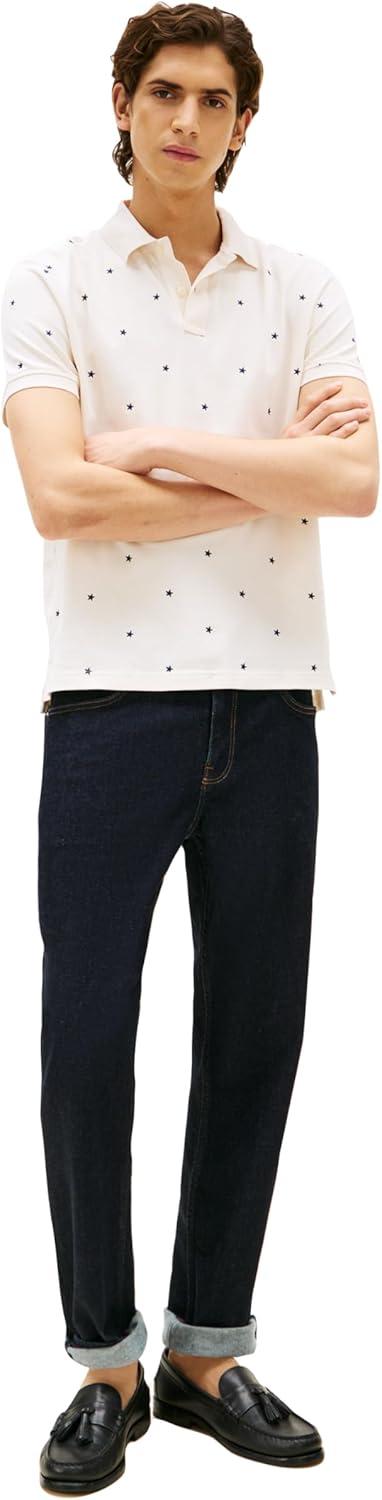 imageTommy Hilfiger Mens Short Sleeve Polo Shirts in Regular Fit with Stretch and Organic Pique CottonIvory Petal Star Embroidered