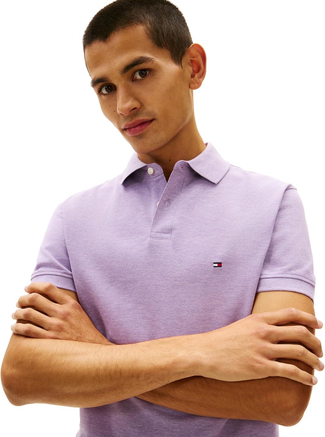 imageTommy Hilfiger Mens Short Sleeve Polo Shirts in Regular Fit with Stretch and Organic Pique CottonLavender Heather
