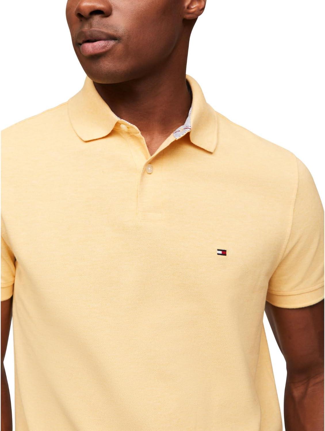 imageTommy Hilfiger Mens Short Sleeve Polo Shirts in Regular Fit with Stretch and Organic Pique CottonLight Yellow Heather