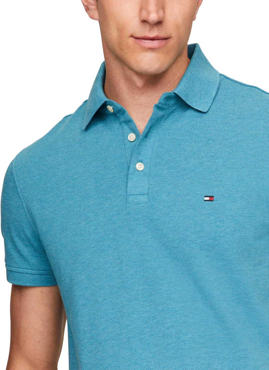 imageTommy Hilfiger Mens Short Sleeve Polo Shirts in Regular Fit with Stretch and Organic Pique CottonMidnight Turquoise Heather
