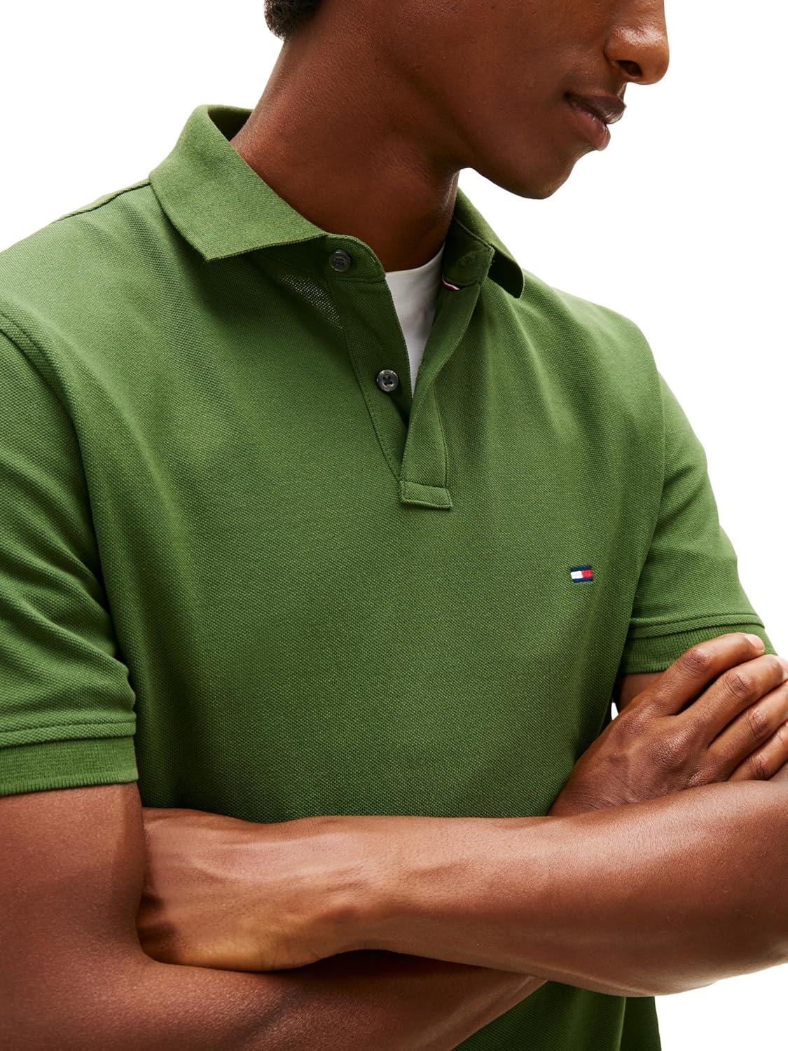 imageTommy Hilfiger Mens Short Sleeve Polo Shirts in Regular Fit with Stretch and Organic Pique CottonMountain Pine