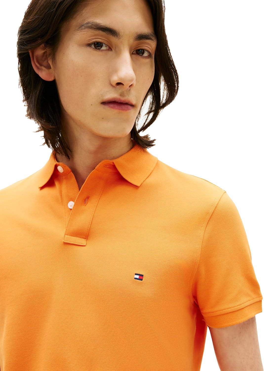 imageTommy Hilfiger Mens Short Sleeve Polo Shirts in Regular Fit with Stretch and Organic Pique CottonOrange Tulip