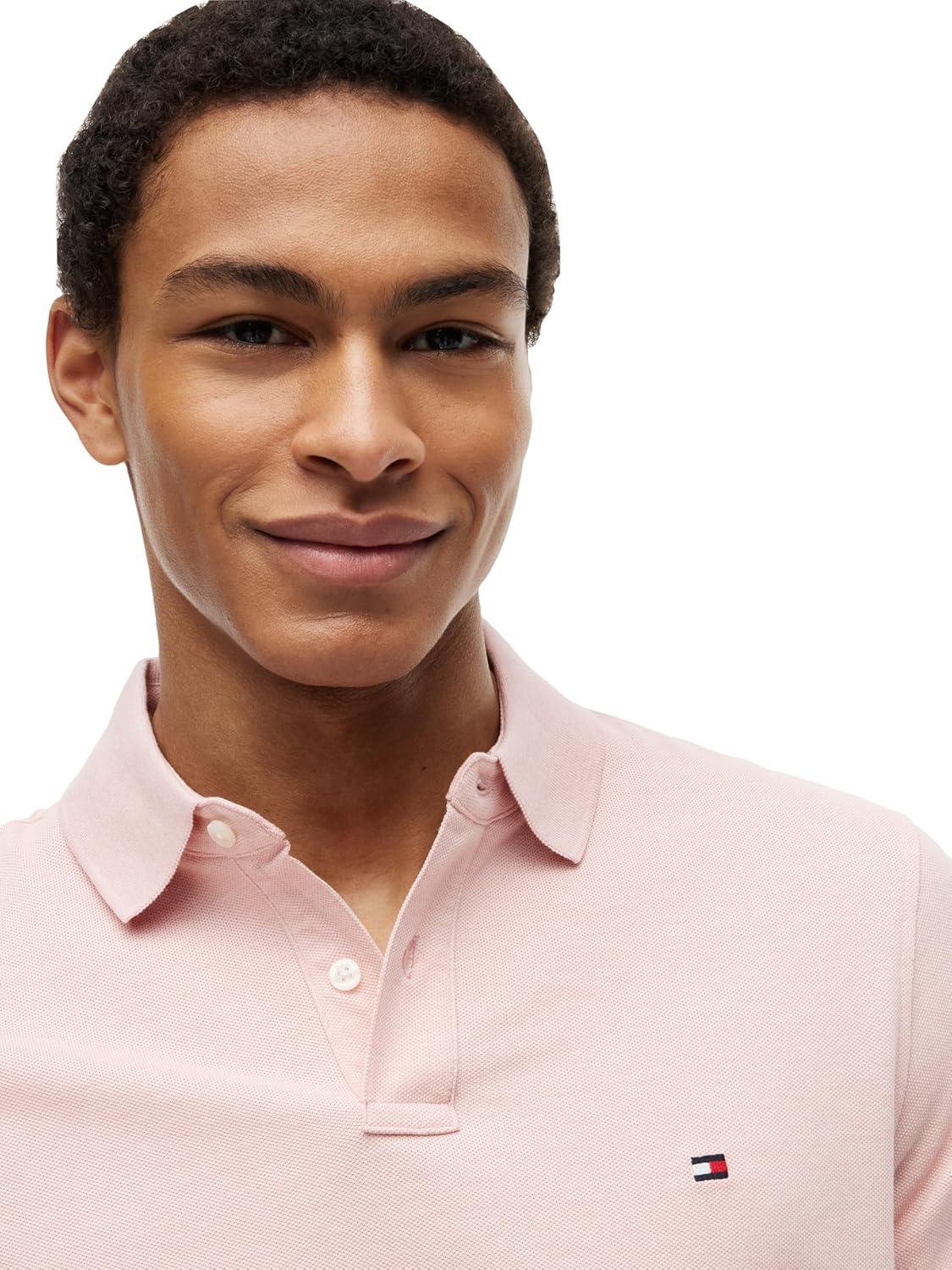 imageTommy Hilfiger Mens Short Sleeve Polo Shirts in Regular Fit with Stretch and Organic Pique CottonPale Pink Heather