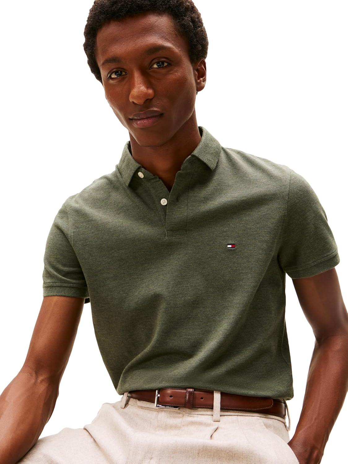 imageTommy Hilfiger Mens Short Sleeve Polo Shirts in Regular Fit with Stretch and Organic Pique CottonUtility Olive Heather
