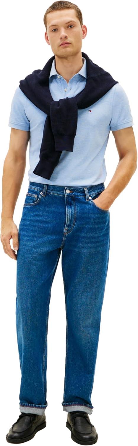 imageTommy Hilfiger Mens Short Sleeve Polo Shirts in Regular Fit with Stretch and Organic Pique CottonVessel Blue Heather