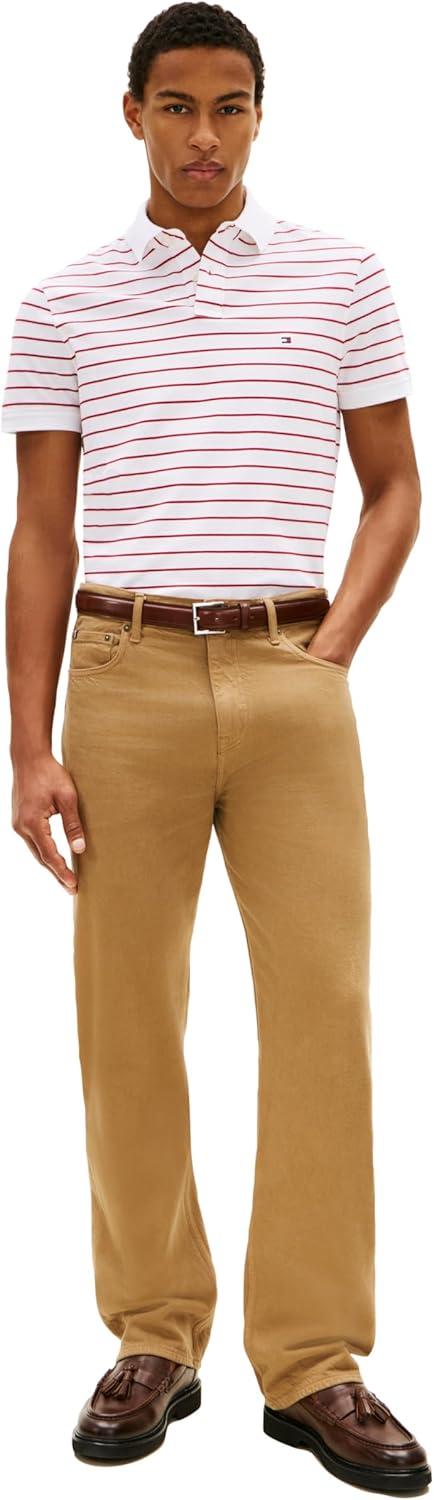 imageTommy Hilfiger Mens Short Sleeve Polo Shirts in Regular Fit with Stretch and Organic Pique CottonWhite Medium Red