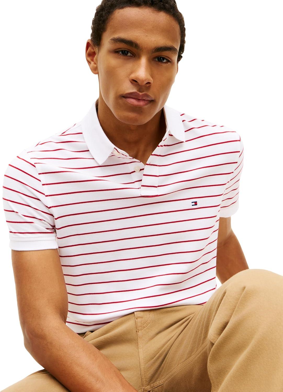 imageTommy Hilfiger Mens Short Sleeve Polo Shirts in Regular Fit with Stretch and Organic Pique CottonWhite Medium Red