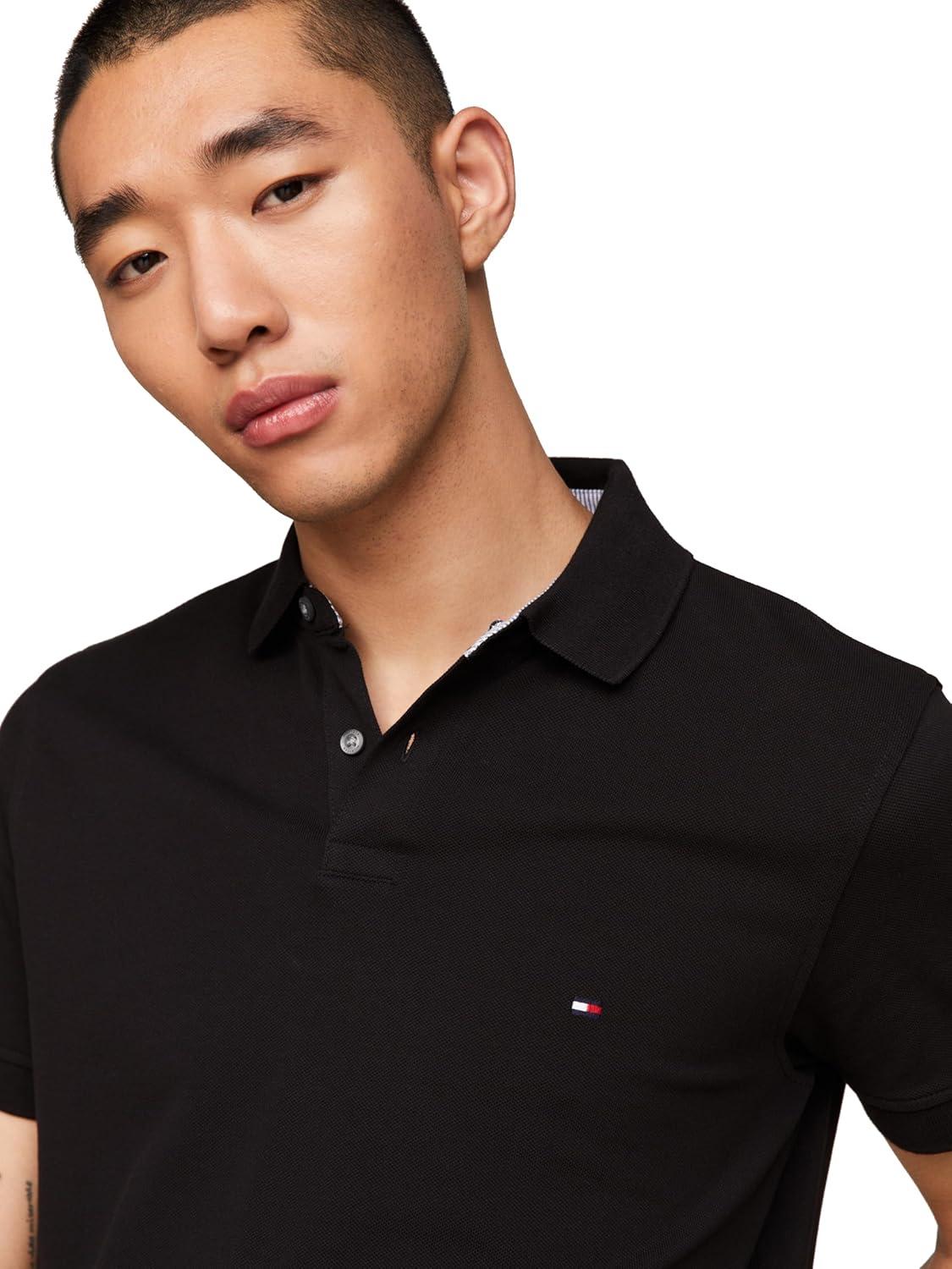 imageTommy Hilfiger Mens Short Sleeve Polo Shirts in Slim Fit with Stretch and Organic Pique CottonBlack
