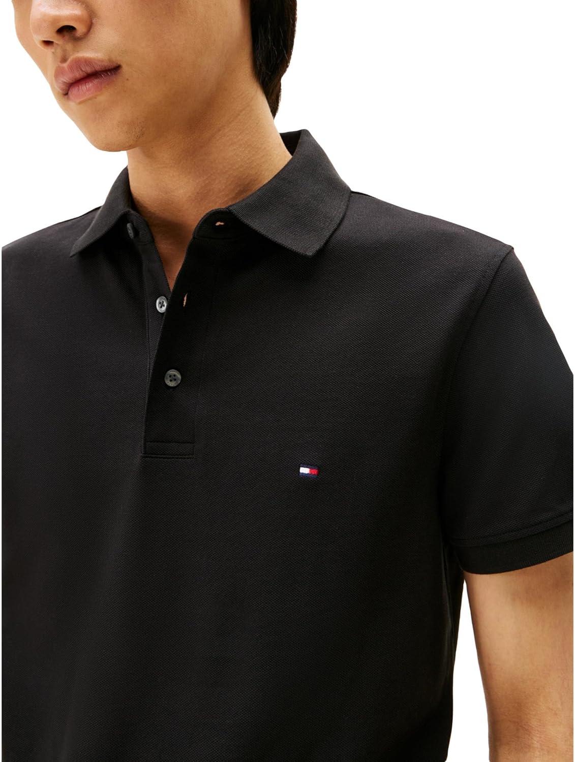 imageTommy Hilfiger Mens Short Sleeve Polo Shirts in Slim Fit with Stretch and Organic Pique CottonBlack