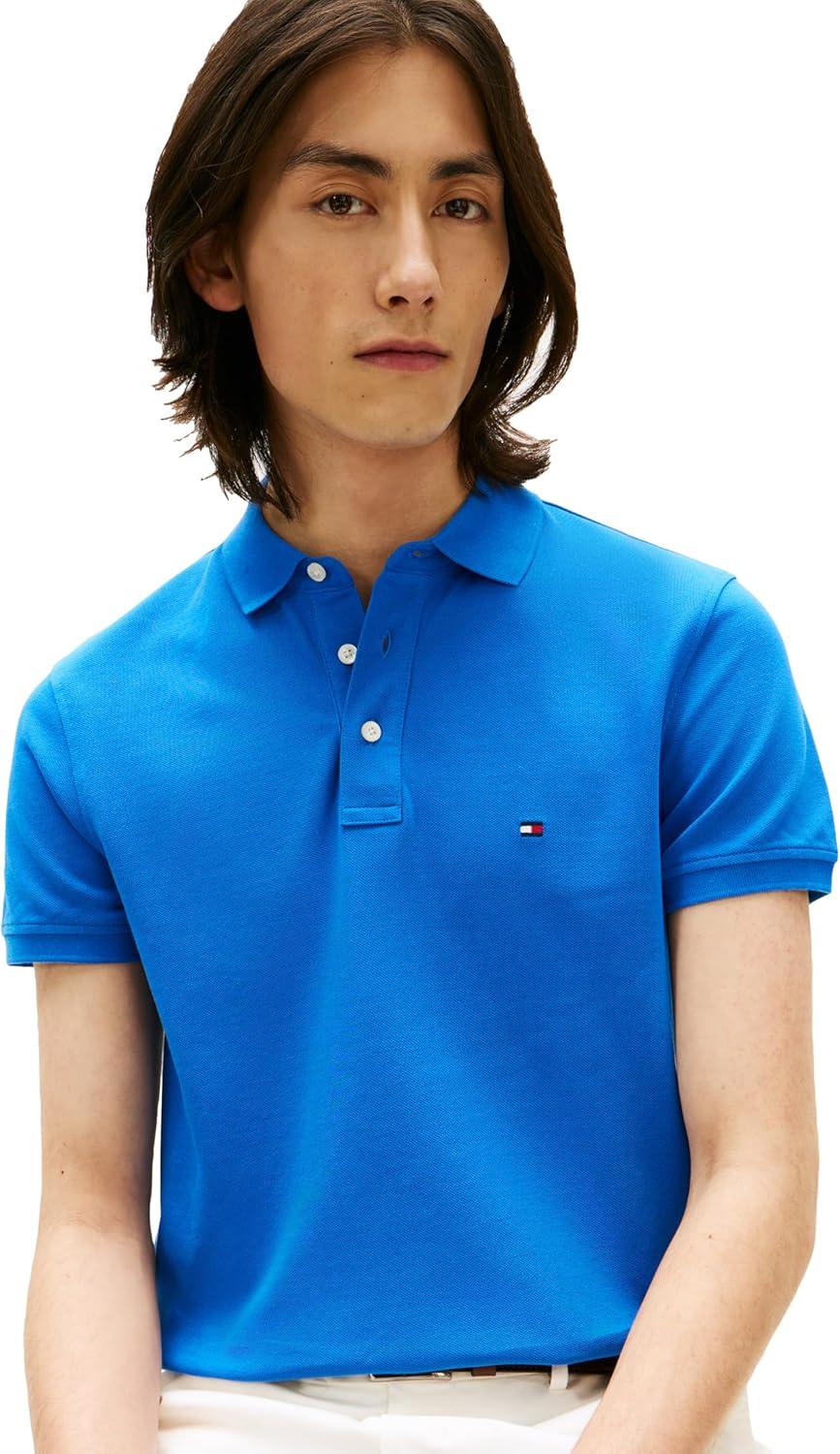 imageTommy Hilfiger Mens Short Sleeve Polo Shirts in Slim Fit with Stretch and Organic Pique CottonBlue Orbit