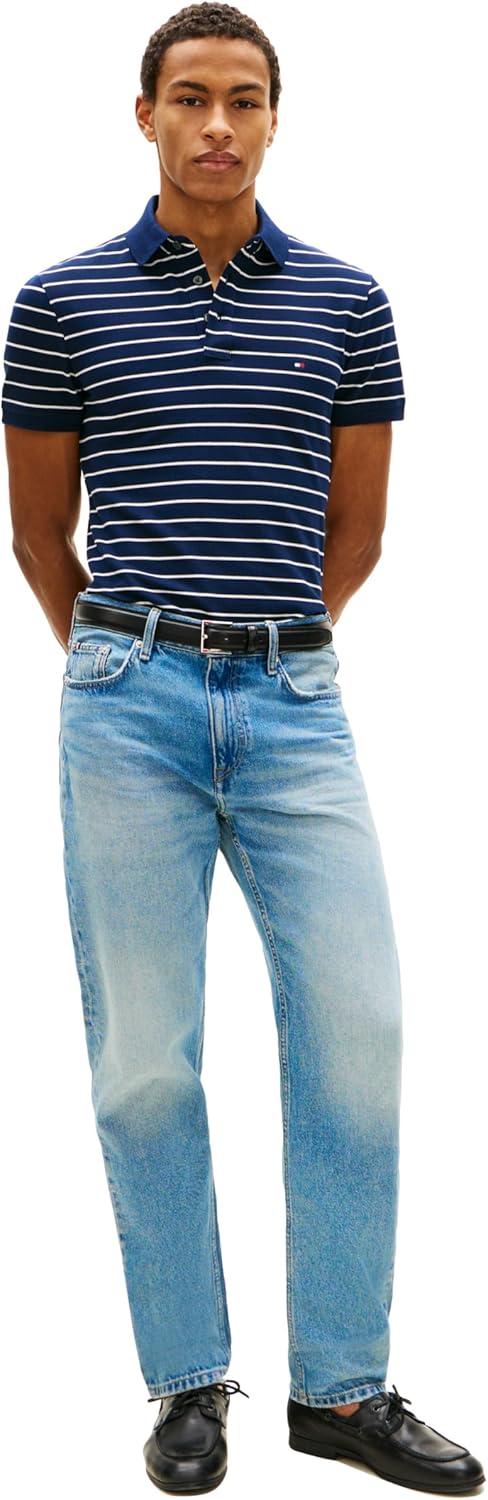 imageTommy Hilfiger Mens Short Sleeve Polo Shirts in Slim Fit with Stretch and Organic Pique CottonCarbon Navy Ivory Petal