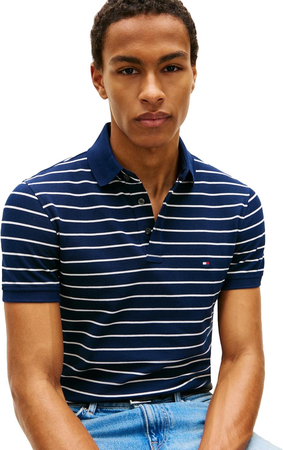 imageTommy Hilfiger Mens Short Sleeve Polo Shirts in Slim Fit with Stretch and Organic Pique CottonCarbon Navy Ivory Petal