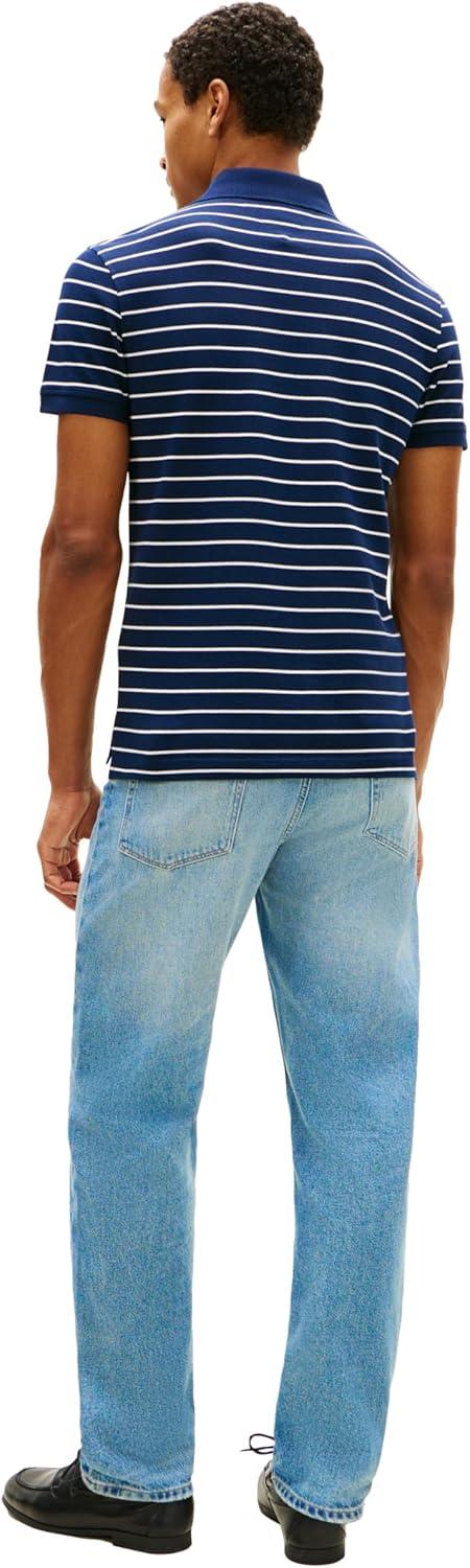 imageTommy Hilfiger Mens Short Sleeve Polo Shirts in Slim Fit with Stretch and Organic Pique CottonCarbon Navy Ivory Petal