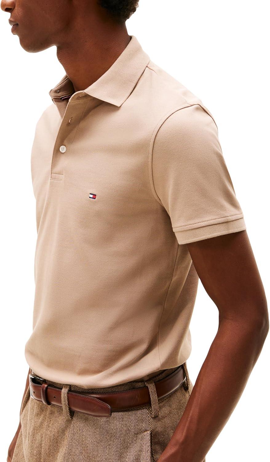 imageTommy Hilfiger Mens Short Sleeve Polo Shirts in Slim Fit with Stretch and Organic Pique CottonCoastal Taupe
