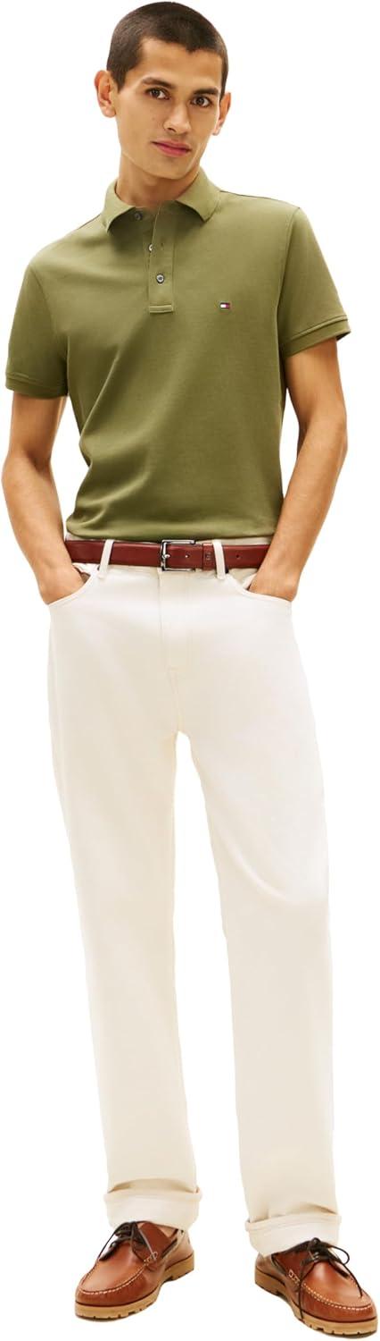 imageTommy Hilfiger Mens Short Sleeve Polo Shirts in Slim Fit with Stretch and Organic Pique CottonDark Artichoke